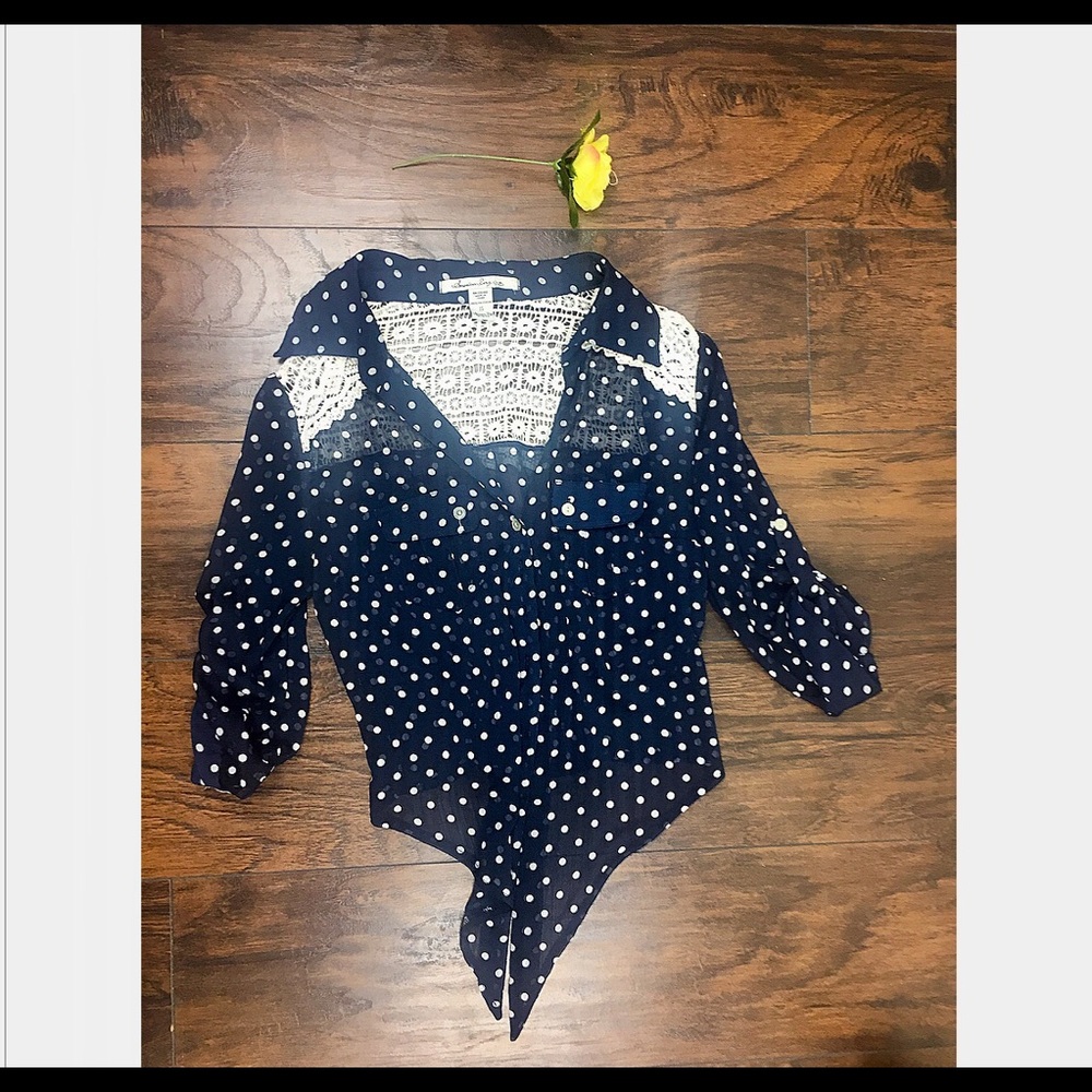 American Rage Cie Navy Blue Polka Dot Blouse S